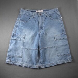 Vintage Y2K Baggy Denim Cargo 13"Phys.Sci Mens Shorts Light Wash Blue Skater 34